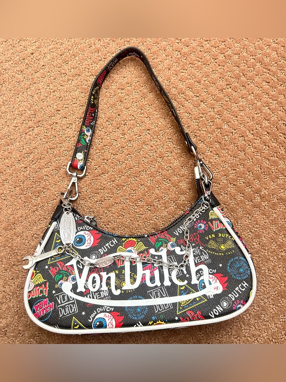 Von Dutch Black Multicolor Graphic Logo Shoulder Bag